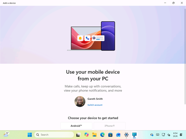 The Add a device window lets you link an Android phone or an iPhone. 