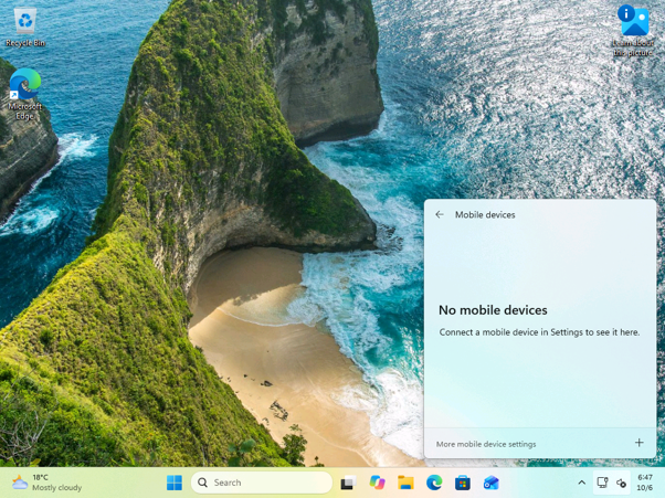 With no phone linked, the Mobile devices page asks you to connect one in Settings. 